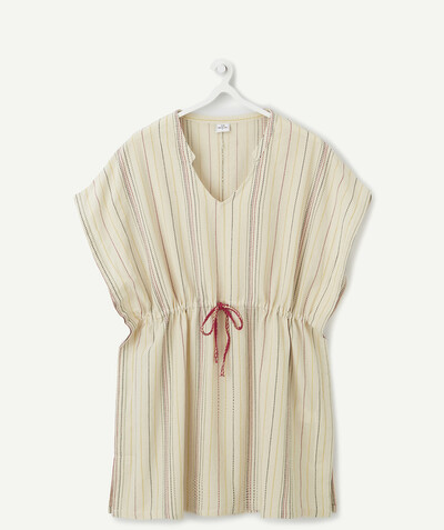 Shirt Tao Categories - WOMEN'S BEACH SHIRT IN BEIGE COTTON WITH MULTICOLOURED STRIPES