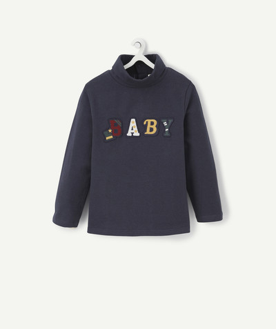 Roll-Neck-Jumper family - NAVY BLUE TURTLENECK TOP WITH A PATCH, IN ORGANIC COTTON