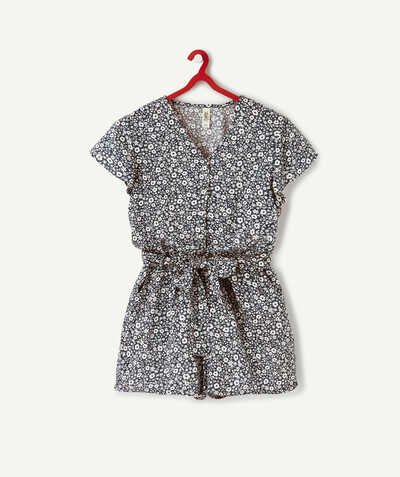 Jumpsuits - Dungarees Tao Categories - BLACK FLOWER-PATTERNED PLAYSUIT IN VISCOSE