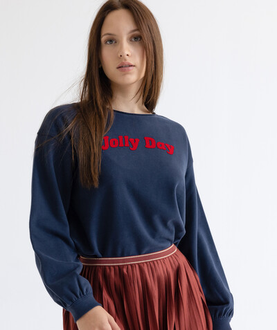 Teen girls' clothing Tao Categories - NAVY BLUE SWEATSHIRT IN ORGANIC COTTON WITH A MESSAGE IN FELT