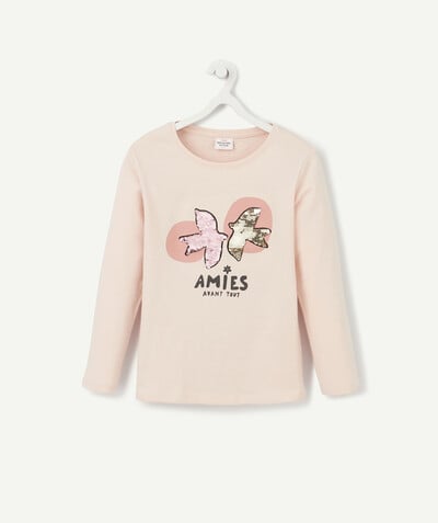 T-shirt Rayon - LE T-SHIRT ROSE EN COTON BIOLOGIQUE AUX OISEAUX EN SEQUINS