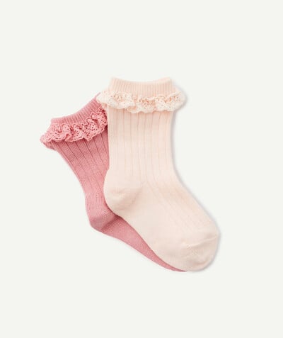 Baby-girl radius - TWO PAIRS OF  PLAIN PINK SOCKS WITH EMBROIDERED DETAILS