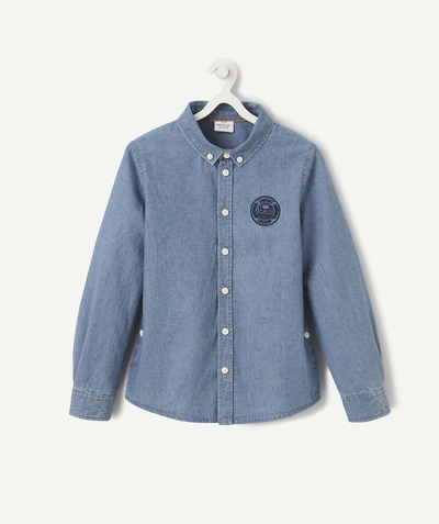 Checked print looks radius - BLUE COTTON SHIRT WITH EMBROIDERY ABOVE THE HEART
