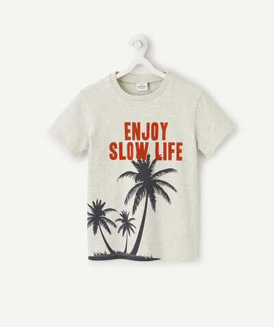 Boy radius - GREY PALM TREE T-SHIRT IN ORGANIC COTTON WITH A MESSAGE IN FELT