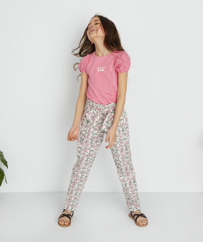 Girl radius - FLOWER-PATTERNED CARROT TROUSERS IN COTTON AND LINEN WITH A BOW