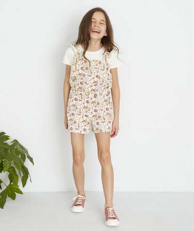 BOTTOMS radius - SHORT WHITE COTTON DUNGAREES WITH A FLOWER PRINT