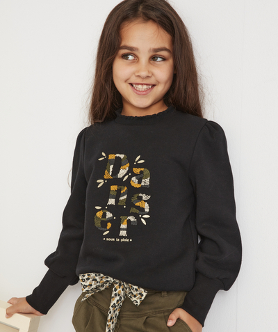 Girl radius - GIRLS' BLACK SWEATSHIRT IN RECYCLED COTTON WITH AN EMBROIDERED MESSAGE