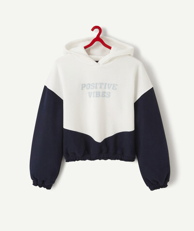Teen girls' clothing Tao Categories - TWO TONE SWEATSHIRT IN ORGANIC COTTON WITH A FELT MESSAGE