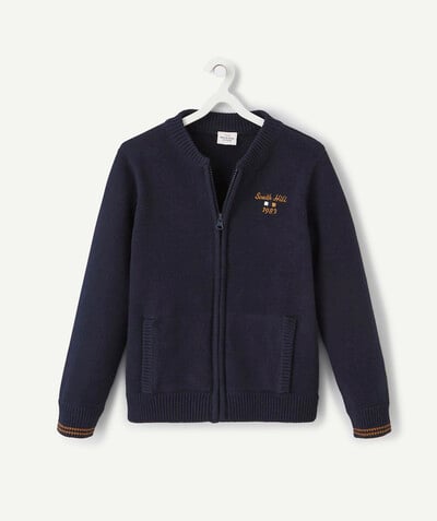 Pullover - Cardigan radius - ZIPPED NAVY BLUE JACKET WITH CAMEL DETAILS