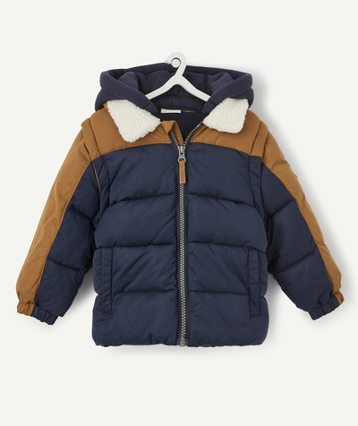 Coat - Padded Jacket - Jacket radius - WATER-REPELLENT CAMEL AND BLUE PADDED JACKET WITH A REMOVABLE HOOD