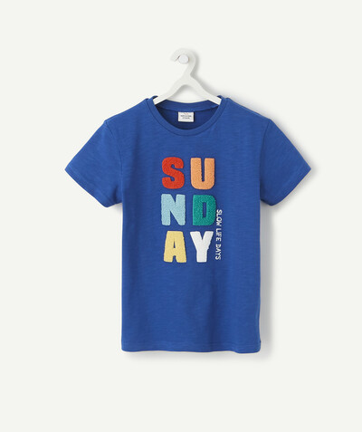 Boy radius - BLUE T-SHIRT IN ORGANIC COTTON WITH A MESSAGE IN BOUCLE