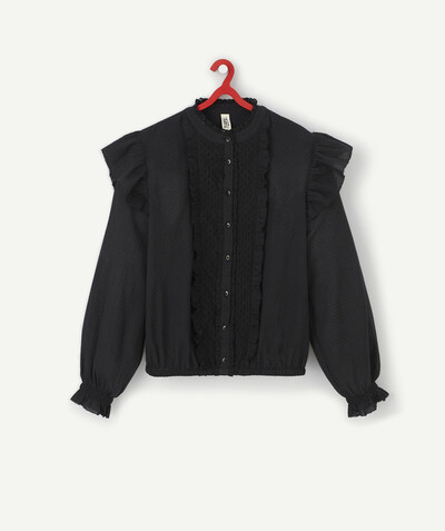 Shirt - Blouse radius - BLACK BLOUSE IN COTTON WITH FRILLS AND EMBROIDERY