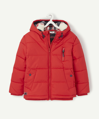Coat - Padded jacket - Jacket radius - WATER-REPELLENT RED HOODED PADDED JACKET IN RECYCLED FIBRES