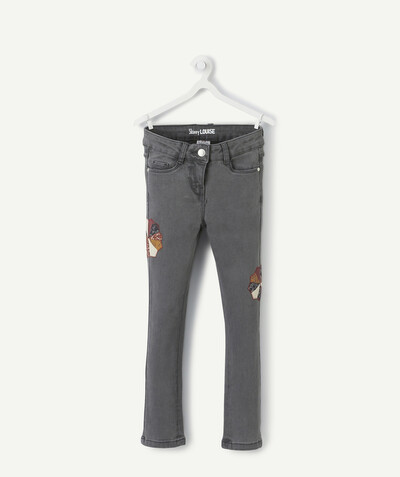 BOTTOMS radius - LOUISE SKINNY DARK GREY TROUSERS WITH EMBROIDERED PATCHES