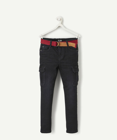 Trousers - Jogging pants radius - SLIM BLACK CARGO-STYLE TROUSERS WITH A RED BELT