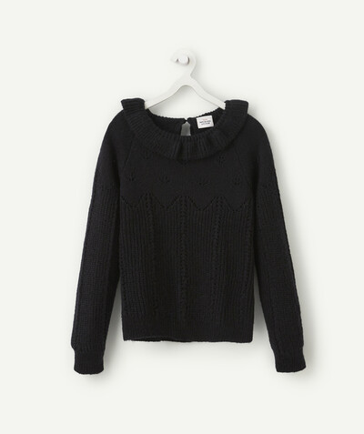 Pullover - Cardigan radius - BLACK KNITTED JUMPER WITH A FRILLY NECKLINE