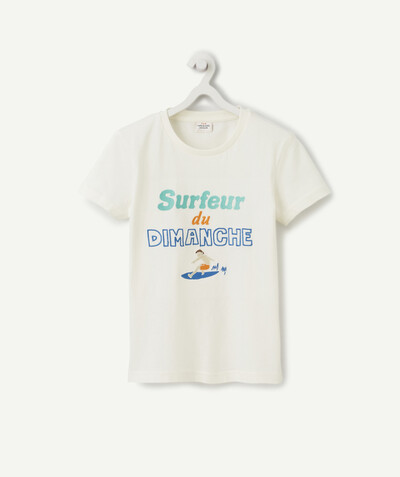 Must-have na lato Rayon - BIAŁY T-SHIRT Z BAWEŁNY EKOLOGICZNEJ Z MOTYWEM SURFINGU