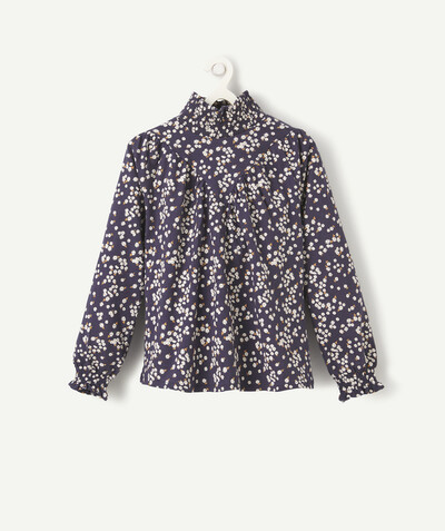 Roll-Neck-Jumper family - BLUE FLOWER-PATTERNED TURTLENECK TOP WITH A HIGH NECK