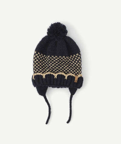 Baby-girl radius - HAT WITH A POMPOM IN A NAVY BLUE AND GOLDEN KNIT