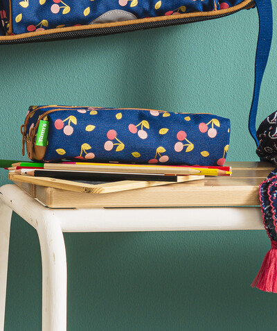 Our eco-responsible brands radius - BLUE DOUBLE SCHOOL PENCIL CASE WITH A CHERRY PRINT