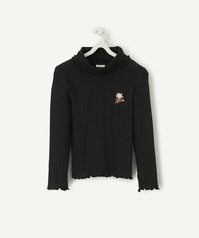 Roll-Neck-Jumper family - BLACK TURTLENECK TOP WITH EMBROIDERED FLOWERS AND A ROLL NECK