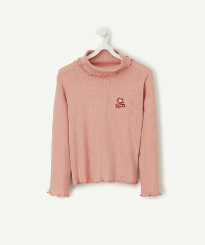 Roll-Neck-Jumper family - PINK TURTLENECK TOP WITH EMBROIDERED FLOWERS AND A ROLL NECK