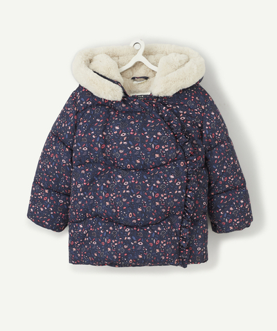 Outlet radius - NAVY BLUE FLOWER-PATTERNED PADDED JACKET LINED IN IMITATION FUR