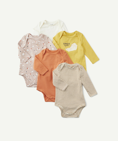 Bodysuit family - PACK OF FIVE PLAIN STRIPED AND PATTERNED BODYSUITS IN ORGANIC COTTON