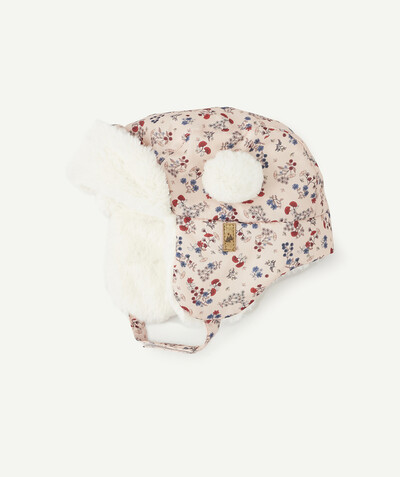 Baby-girl radius - PINK FLOWER-PATTERNED CHAPKA LINED WITH IMITATION FUR