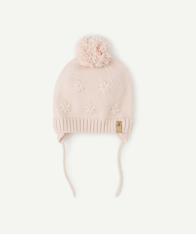 Hats - Caps corner - PINK POMPOM HAT WITH EMBROIDERED FLOWERS