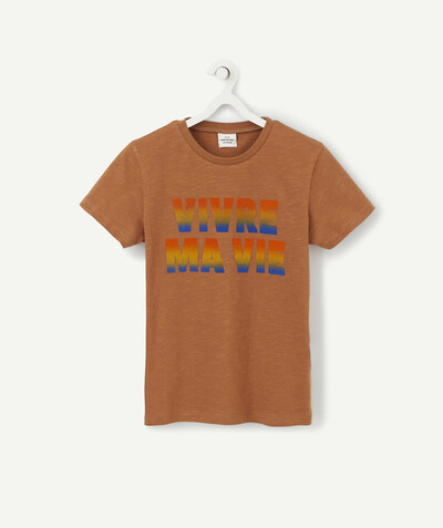 ECODESIGN radius - BROWN T-SHIRT IN ORGANIC COTTON WITH A MULTICOLOURED FELT MESSAGE