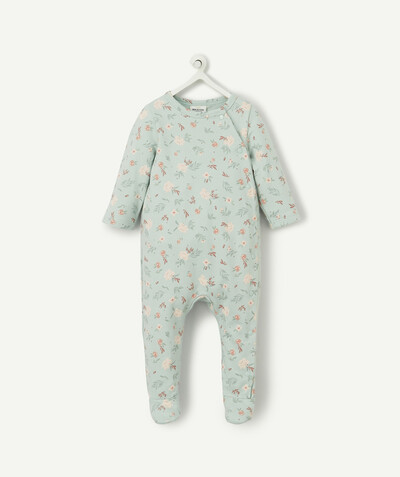 Sleepsuit - Pyjamas radius - TURQUOISE FLOWER-PATTERN PRINTED SLEEPSUIT IN ORGANIC COTTON