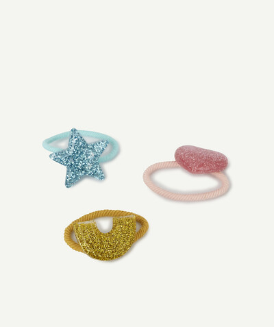 Baby-girl radius - THREE COLOURED HAIR ELASTICS WITH GLITTERING SHAPES IN RELIEF