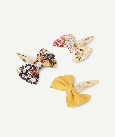 Girl radius - SET OF THREE GOLDEN AND FLOWER-PATTERNED BOW HAIR CLIPS