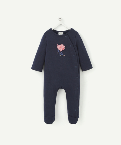Sleepsuit - Pyjamas radius - BABIES' SLEEP SUIT IN NAVY FLEECE WITH FLOWERS IN RELIEF