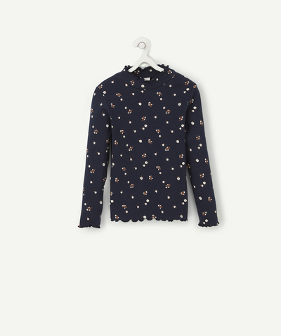 Roll-Neck-Jumper family - GIRLS' NAVY BLUE RIBBED HIGH-NECKED TURTLENECK WITH A FLORAL PRINT