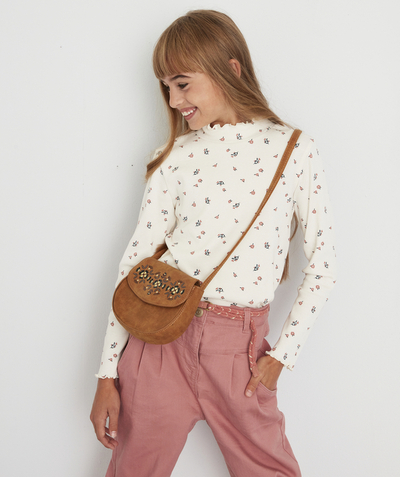 Roll-Neck-Jumper family - GIRLS' CREAM RIBBED TURTLENECK WITH FLOWER MOTIFS AND SCALLOPS