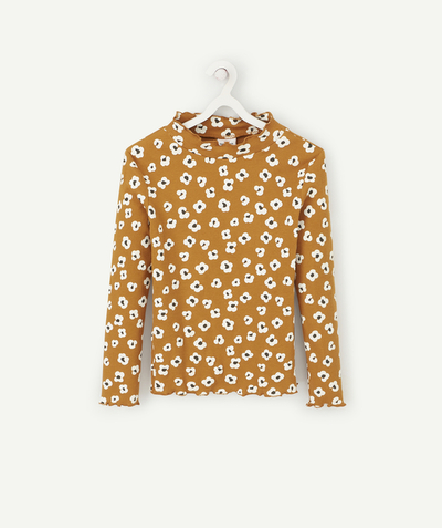Private sales radius - GIRLS' OCHRE RIBBED TURTLENECK WITH FLOWER MOTIFS AND A HIGH NECKLINE