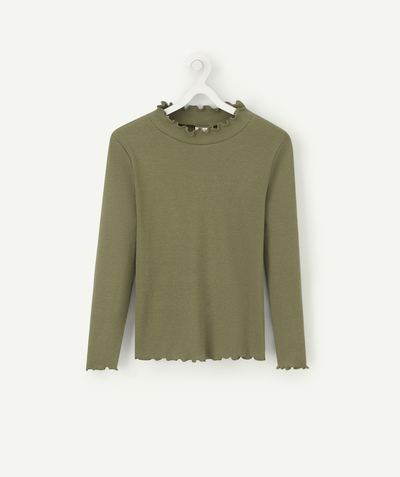 Roll-Neck-Jumper family - GIRLS' KHAKI RIBBED TURTLENECK WITH A SCALLOPED NECKLINE