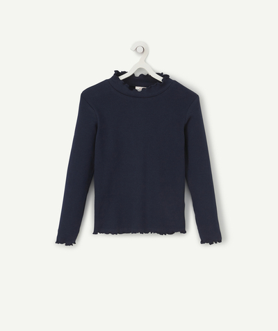 Roll-Neck-Jumper family - GIRLS' NAVY BLUE TURTLENECK TOP WITH FRILLY DETAILS