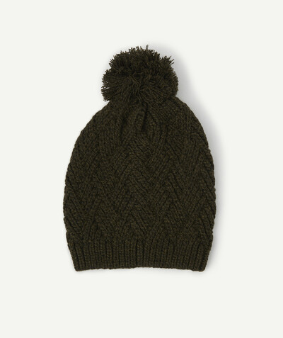 KNITWEAR ACCESSORIES Tao Categories - KHAKI KNITTED HAT WITH A POMPOM