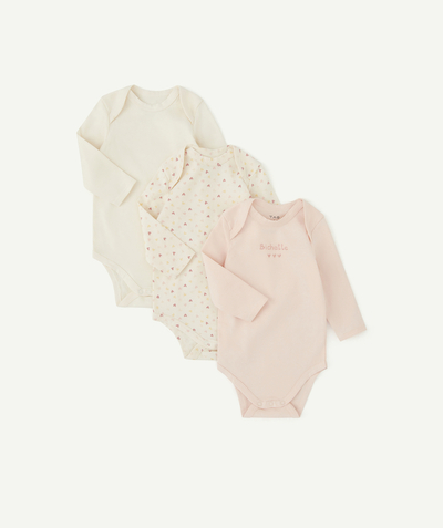 Private sales radius - PACK OF THREE BABIES' BODYSUITS IN ORGANIC COTTON A MESSAGE AND PRINTED HEARTS