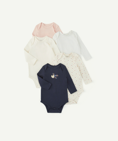 Outlet radius - PACK OF FIVE BLUE AND PINK HEART THEMED BODYSUITS IN ORGANIC COTTON