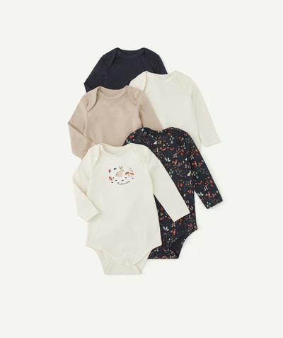 Essentials : 50% off 2nd item* family - PACK OF FIVE BABIES' BODYSUITS IN BLUE AND BEIGE ORGANIC COTTON