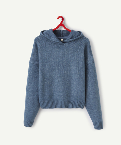 Pullover - Cardigan Tao Categories - GIRLS' LOOSE EFFECT BLUE KNITTED JUMPER WITH A HOOD