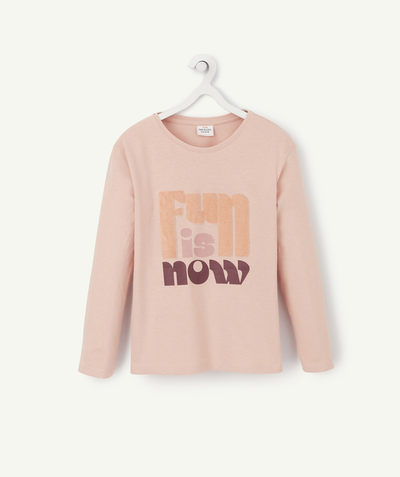 T-shirt Rayon - T-SHIRT MANCHES LONGUES FILLE EN COTON ROSE PÂLE