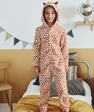 Pyjamas family - GIRLS' ORANGE POLAR FLEECE ANIMAL PATTERN ONESIE