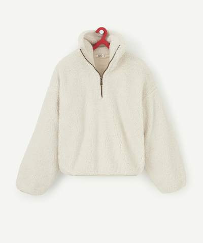 Nice and warm radius - GIRLS' SHERPA SWEATSHIRT IN CREAM WITH A STAND-UP COLLAR AND ZIP FASTENING