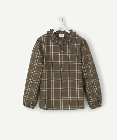 Girl radius - GIRLS' KHAKI CHECKED SHIRT GATHERED AT THE NECK AND WITH GOLD COLOR TRIM