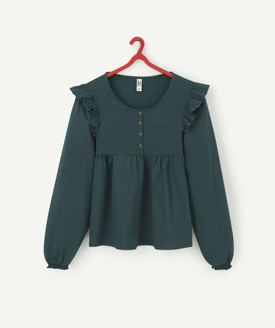 Ado FIlle Tao Categories - GIRLS' DARK GREEN BLOUSE-STYLE T-SHIRT IN ORGANIC COTTON WITH FRILLS